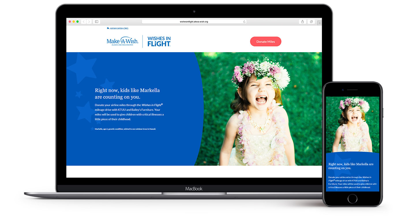 Mockup of the Wishes in Flight home page on a MacBook and iPhone.